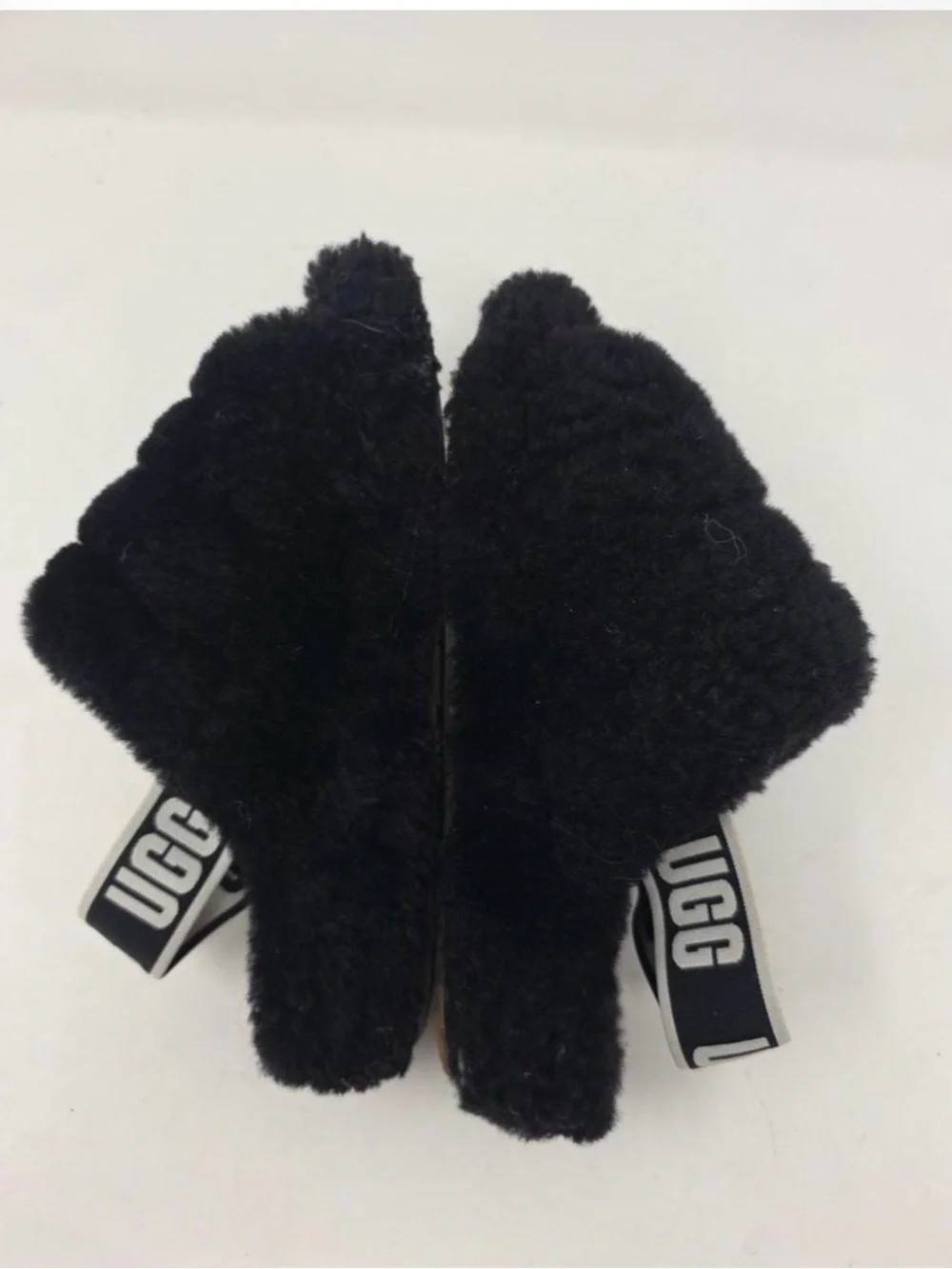 UGG Kids Black Fuzzy Slippers with Branded Strap